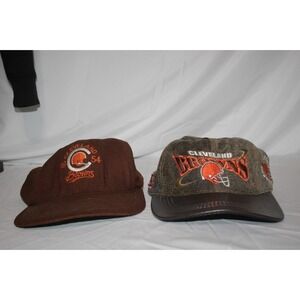 Lot of 2 CLEVELAND BROWNS Vtg Hats Made in USA Leather Pro Elite & Roman Wool